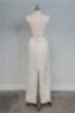 Thumbnail: Full back view of vintage column corset wedding dress