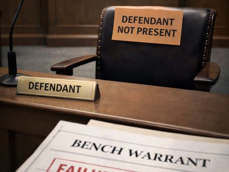 Courtroom scene showing defendant not present sign, bench warrant, and failure to appear notice