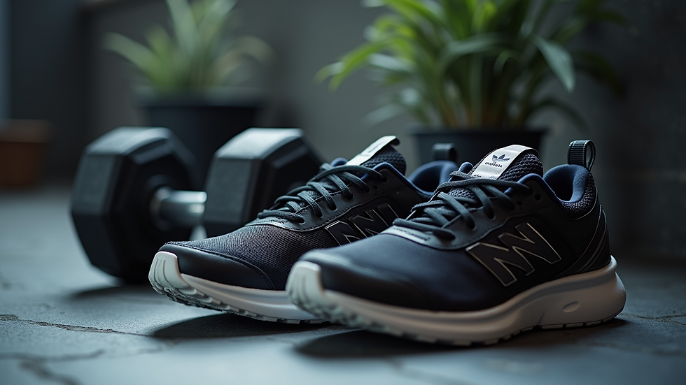 High angle view of sneakers placed next to a set of dumbbells