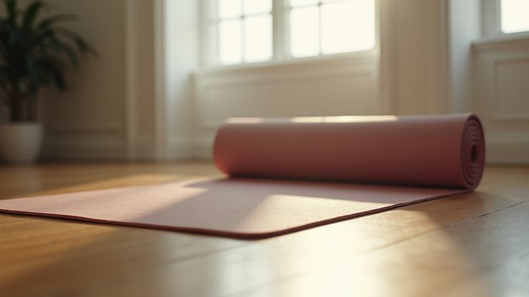Eye-level view of a yoga mat placed on a hardwood floor