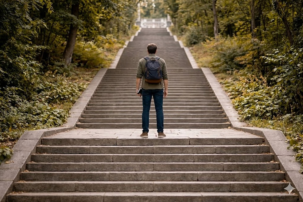 A person is standing on a long staircase in the forest and looking upwards.