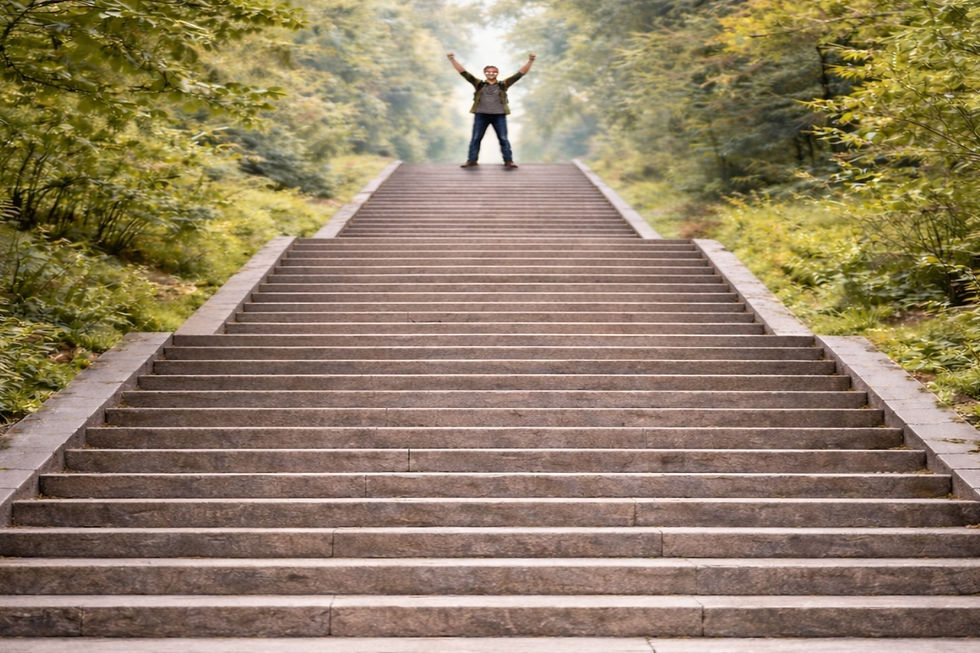 A person reaches the end of a long staircase in the forest and raises their arms.