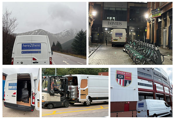 Collage of vans and delivery sites, looking at Ben Nevis, in the centre of Birmingham. At Stoke City FC and being unloaded