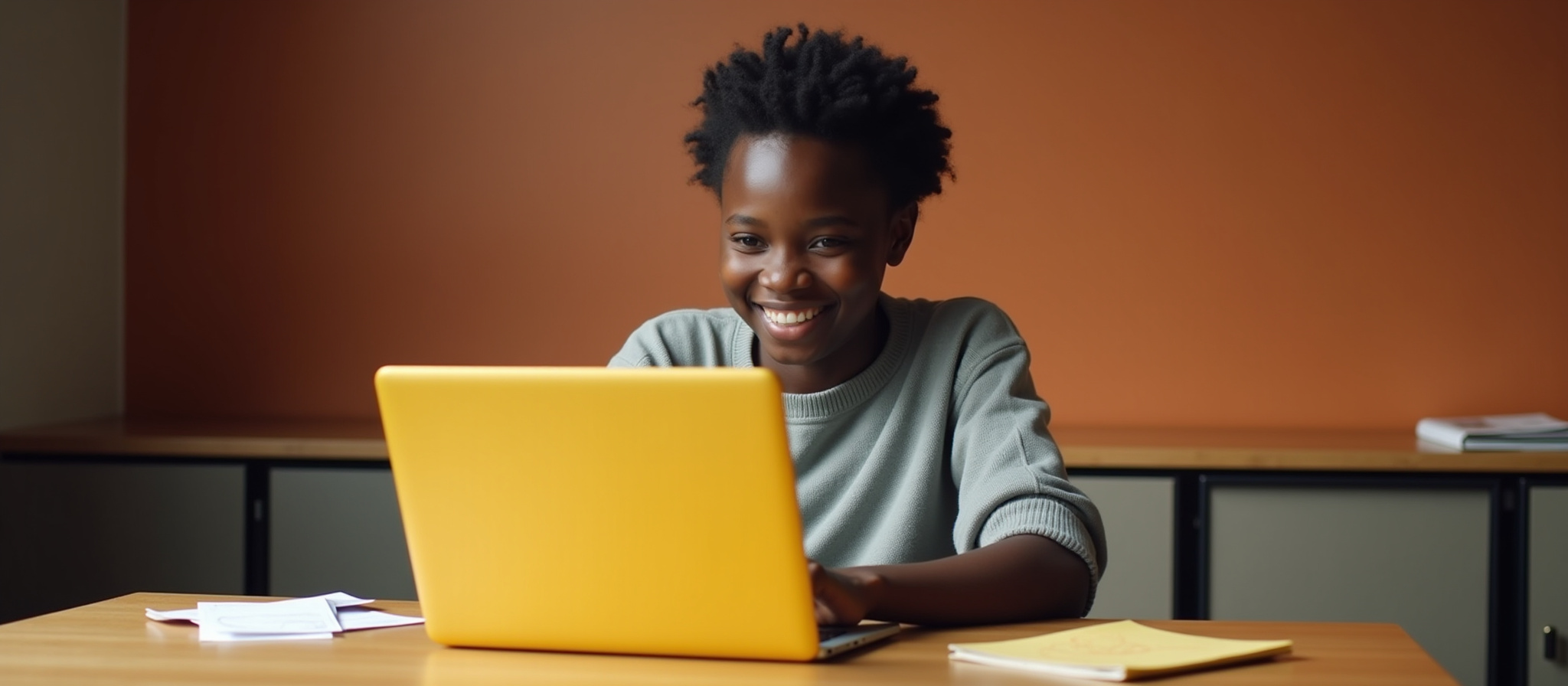 A boy smiling while facing a yellow laptop with sheets of paper beside him.