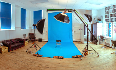 Photo Studio with Blue Backdrop and wooden floor Apollo Studio Glasgow