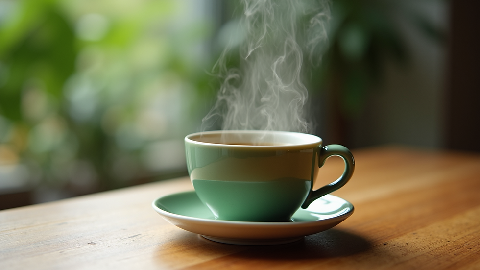 Close-up view of a steaming cup of green tea on a wooden table