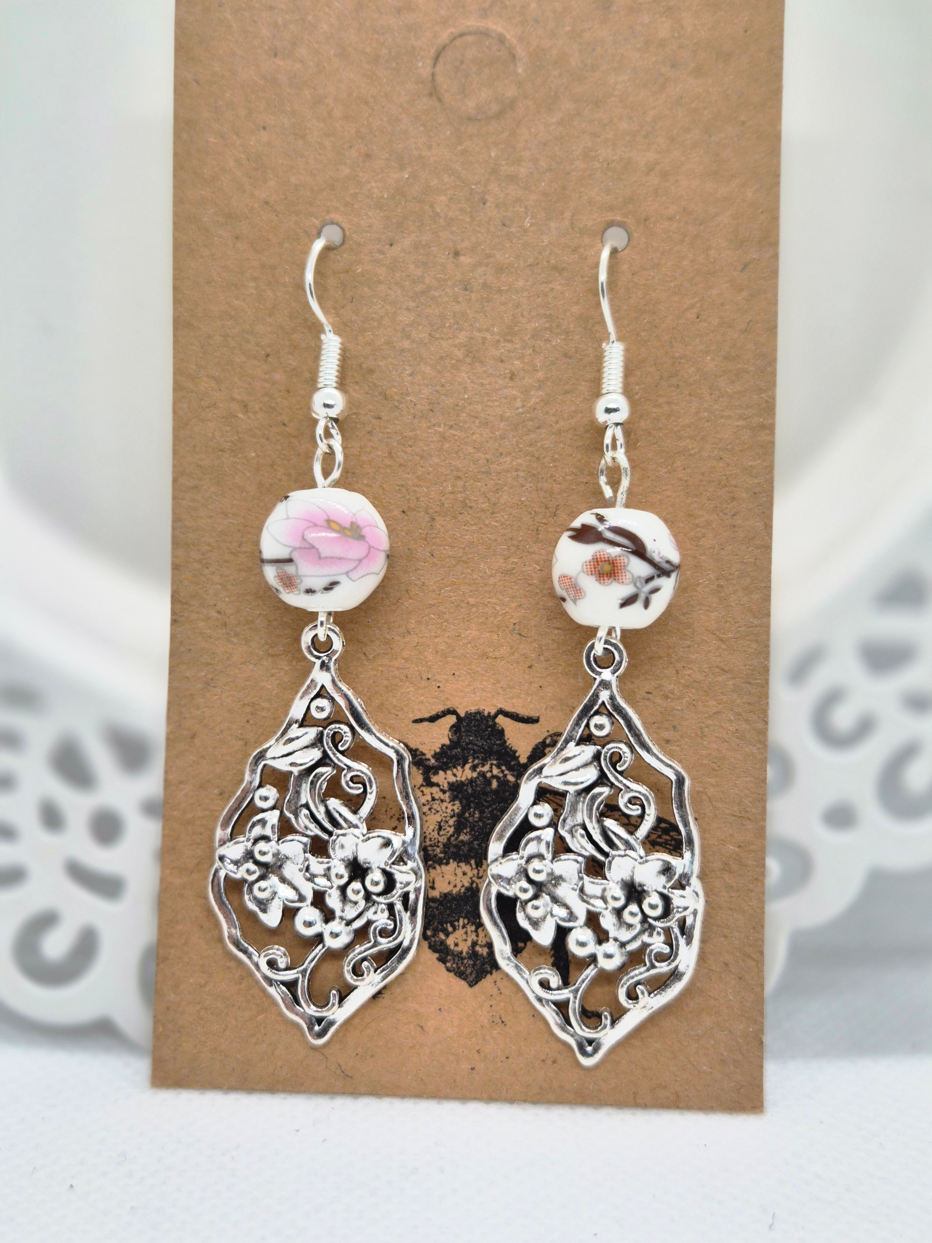 Ceramic and silver filigree drops