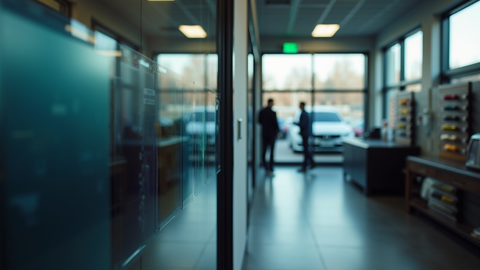 Eye-level view of a window tinting shop with various tint film samples displayed