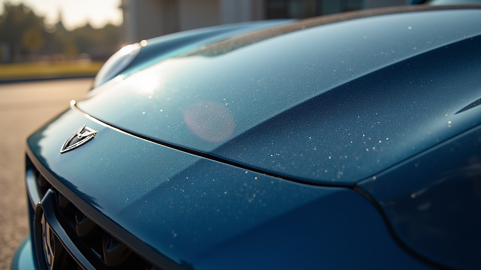 Close-up view of a car hood with clear paint protection film applied