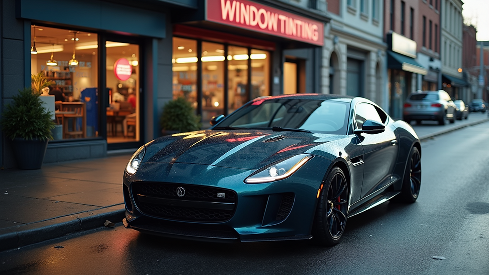 High angle view of a car parked outside a window tinting shop