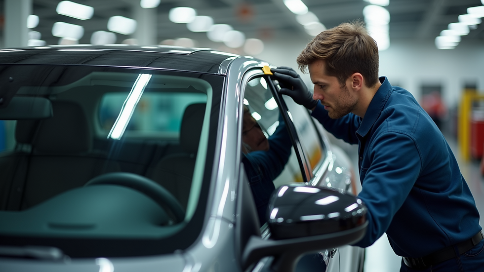 High angle view of a technician measuring car windows for tint installation