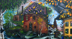 Götaforsälven Kvarnbyn Amstedam shotgun wedding urban sketching a magical realism painting by Gunnar Foley