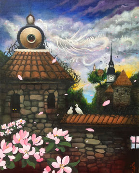 Earthly chains conquered by the divine spirit. Magical realism painting by Gunnar Foley