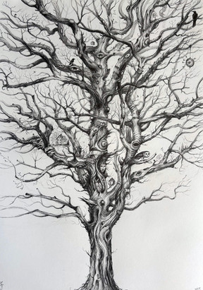 The tree of life, The tree of knowledge. Life always evolves, never rest. Family friends, love and hate. Always in flux. Take care of the moment. Magical realism drawing by Gunnar Foley post surrealistisk teckning, illustrerad surrealism