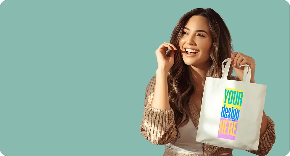 Woman smiling, holding a bag with the text "YOUR design HERE" on it.