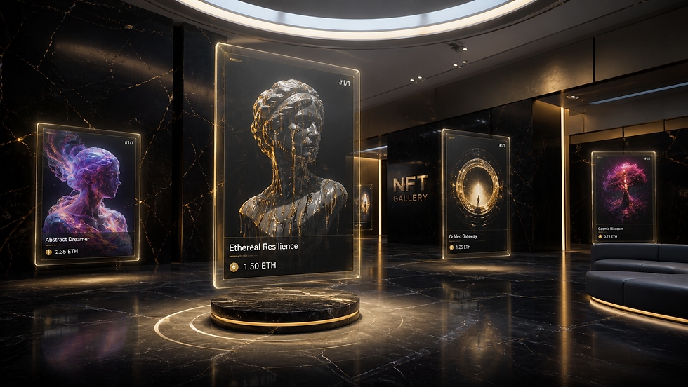 A luxury, futuristic digital art gallery featuring floating NFT artworks.png