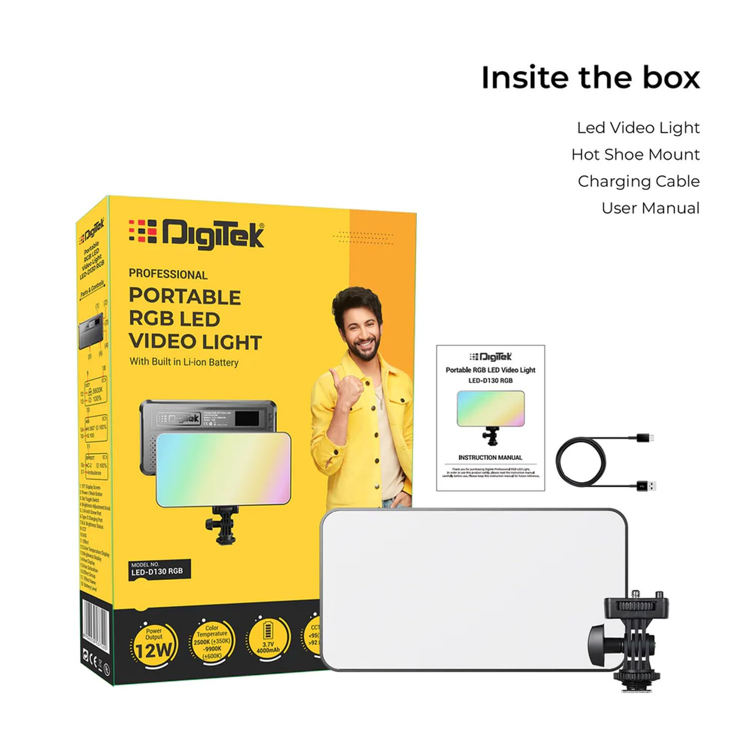 Digitek LED-D130 RGB 12W Portable Video Light with 130 LEDs and Built‑in Batter