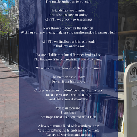 A resident-written poem about life at Parents Foundation for Transitional Living is displayed in white text over a photograph of a bookstore-lined city sidewalk. The poem reflects on friendship, community, shared experiences, personal growth, and belonging at PFTL, highlighting meaningful moments such as movie nights, shared meals, learning life skills, and the supportive relationships formed within the community.