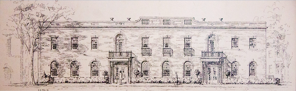 Architectural Sketch of Parents' Foundation Historic Brick Building – Elegant Design with Classic Arched Windows and Balcony Entrances