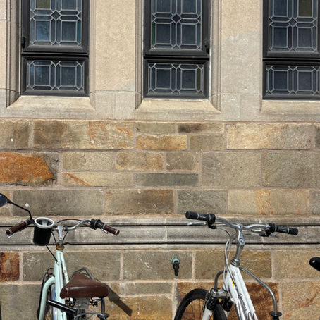 A row of bicycles parked against a brick building, suggesting everyday neighborhood life and outdoor activity.