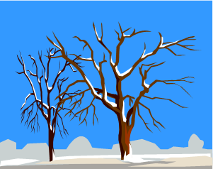 Painting of a winter tree with bare branches, set against a snowy landscape with a cool, tranquil atmosphere.