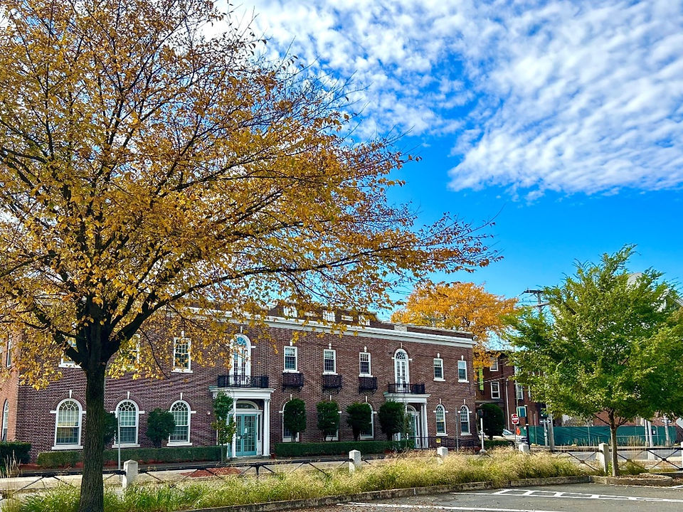 Photo of the Parents' Foundation building framed by a bright orange tree, set against a crisp blue sky, capturing the warmth and beauty of fall.