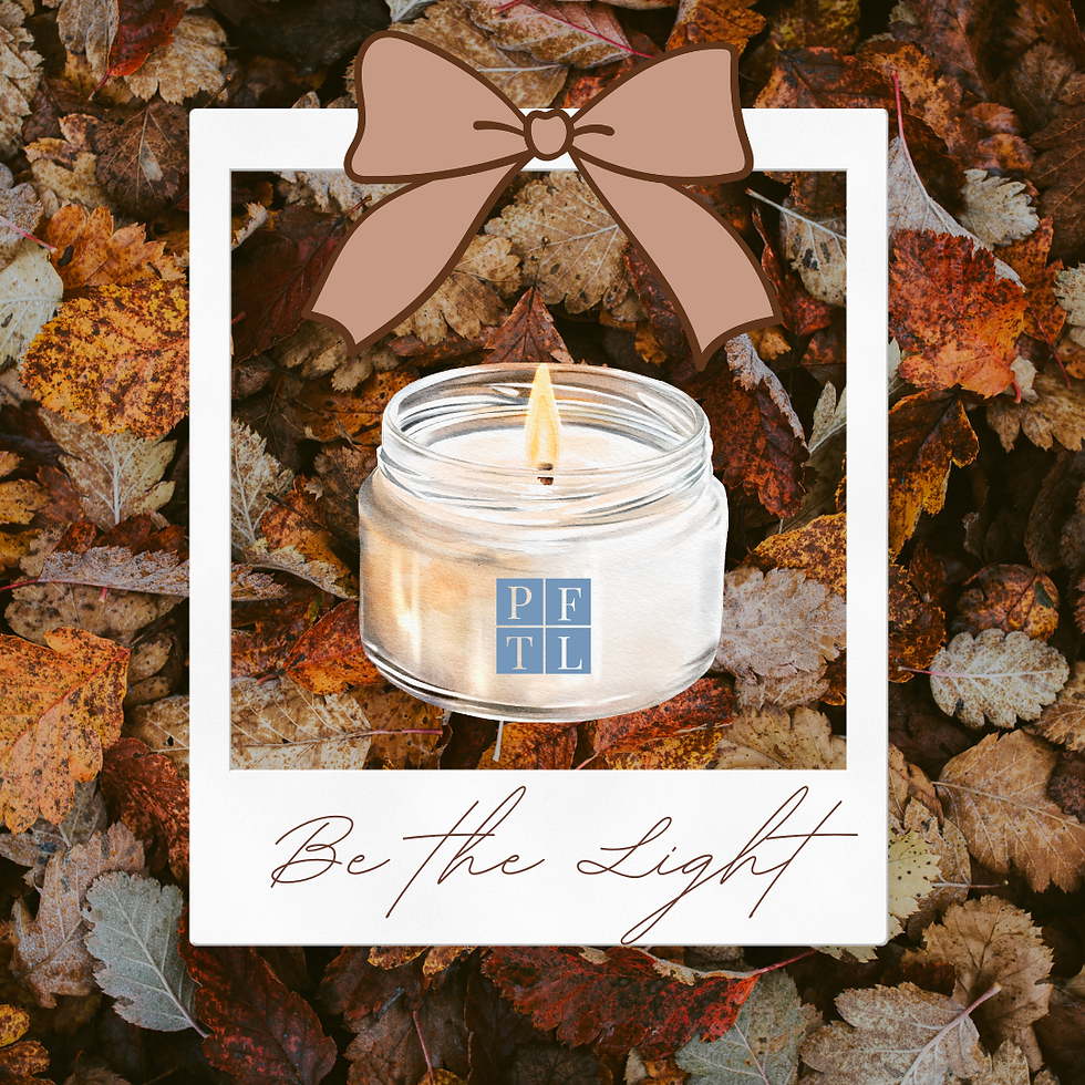 Background of colorful autumn leaves with a Polaroid photo of a lit candle and the words ‘Be the Light,’ symbolizing hope, warmth, and support during the fall season.