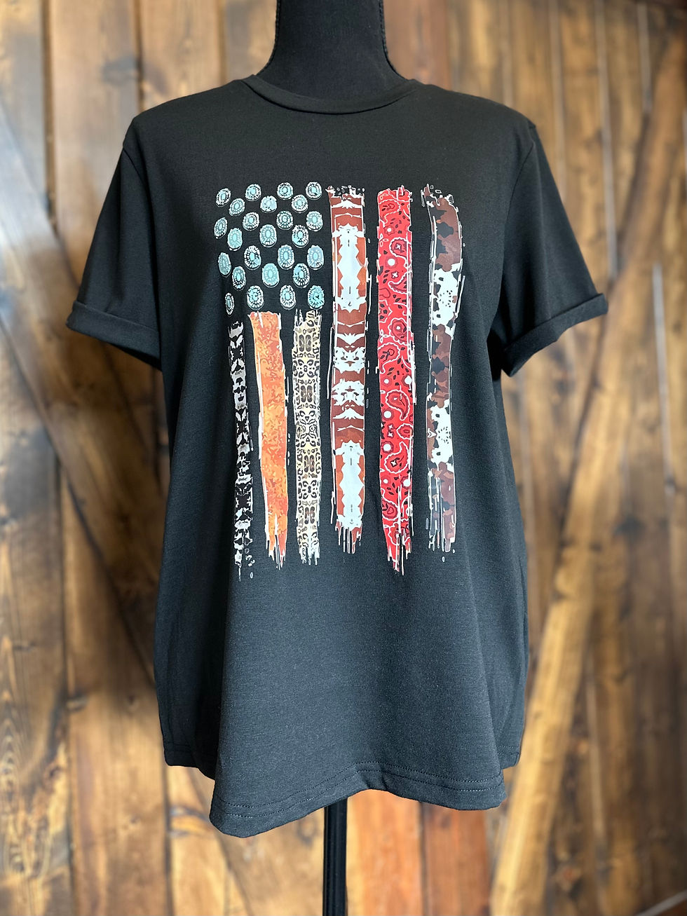 Black Western American Flag Print Short Sleeve Graphic Tee