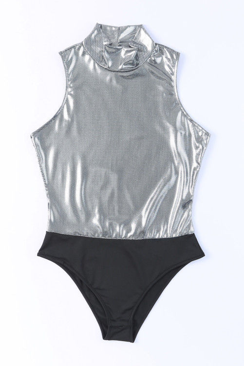 Thumbnail: Silver Sequin High Neck Sleeveless Bodysuit