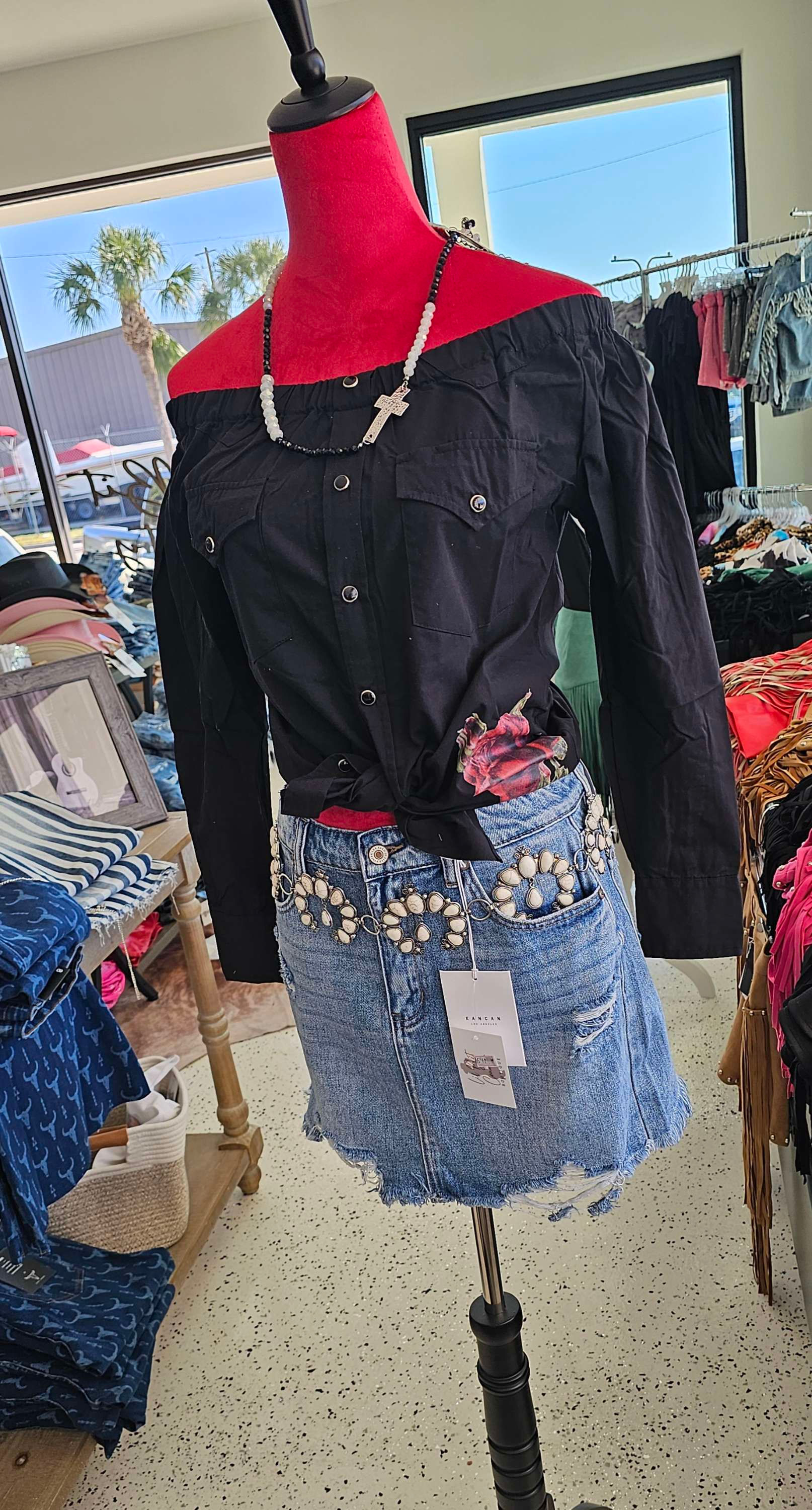 Off the shoulder pearl snap