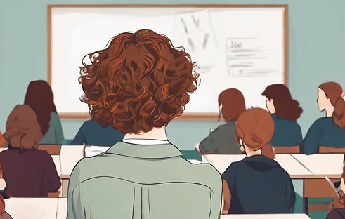 a modern female academic teacher with short brown curly hair seen from behind in a classro