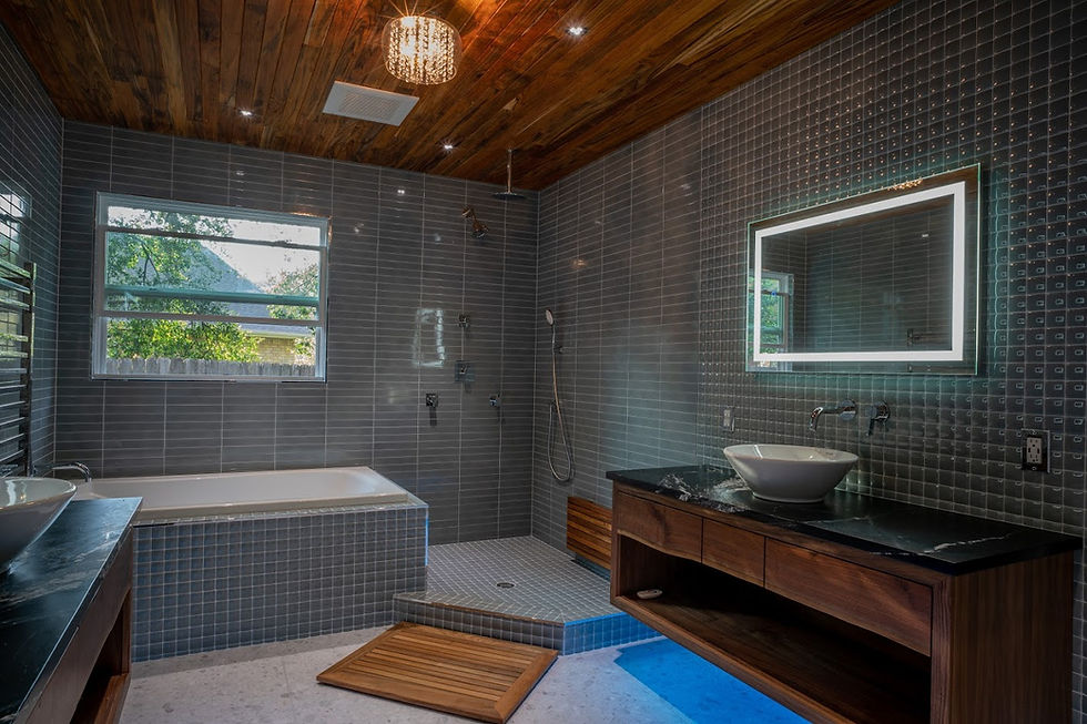 Completed bathroom renovation with teak tongue and groove