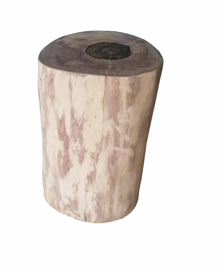 Wooden stool with a dark center and light wood grains, on white background.