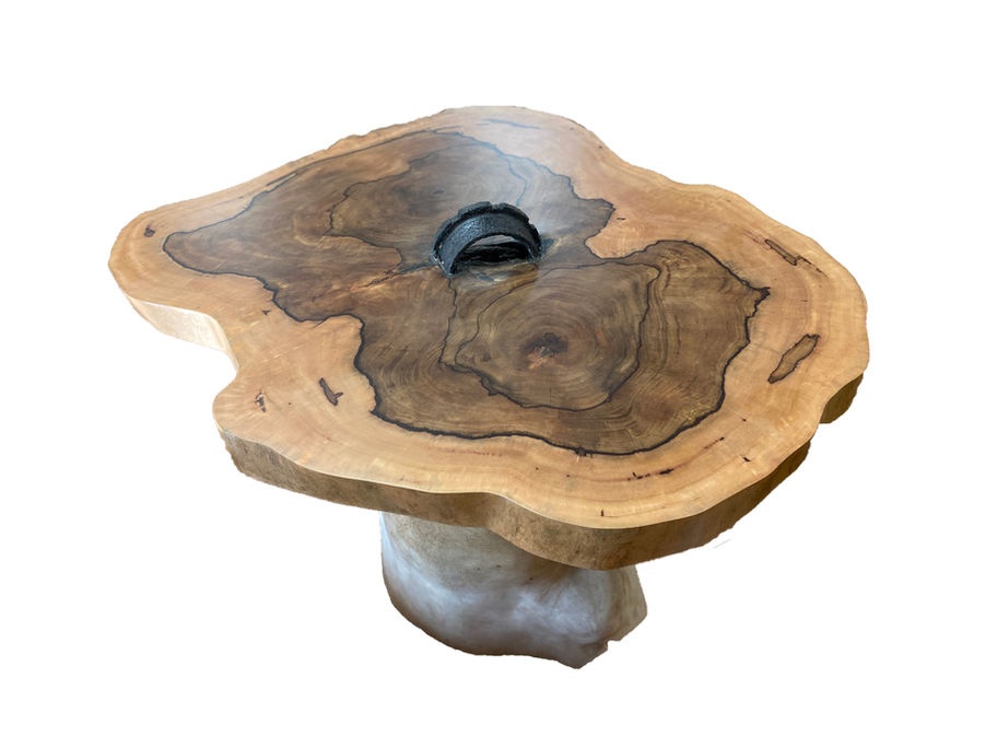 Wooden stool with unique shape and a dark ring Sanded Stool T3047 close up.