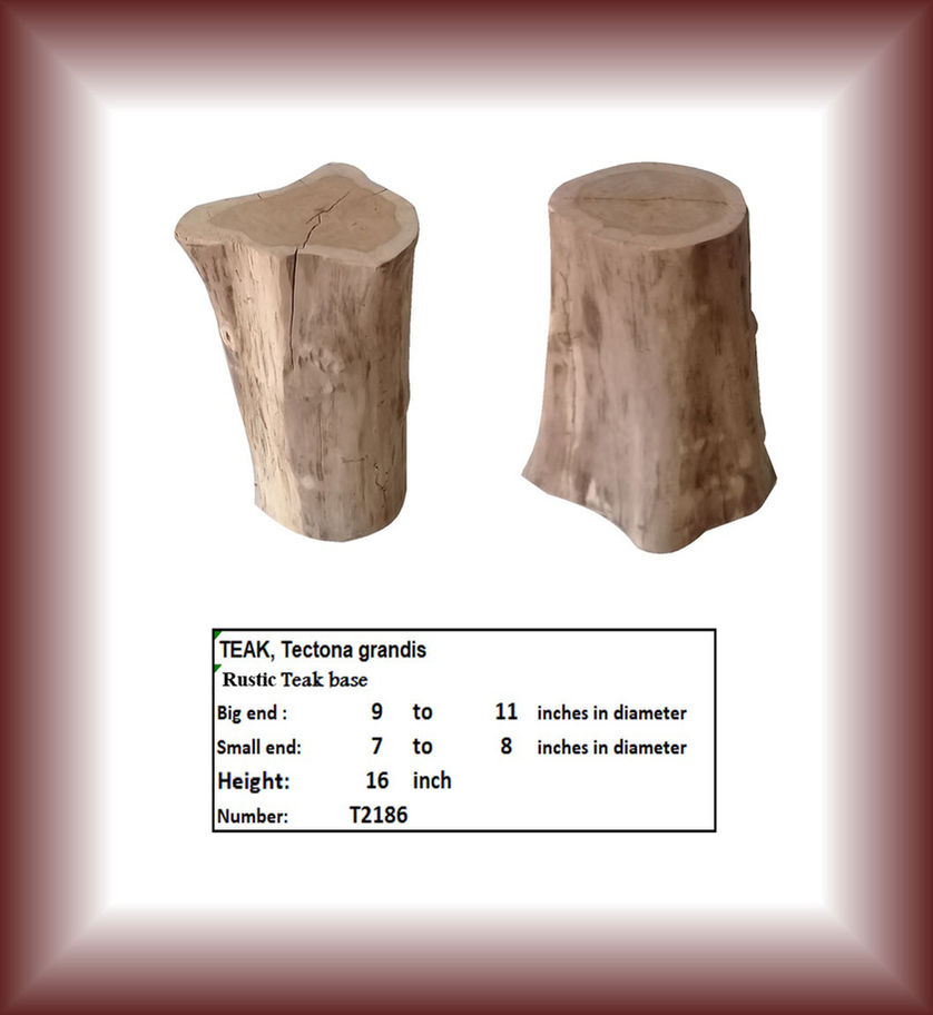 Two Teak wood base stumps with text. Sanded Teak Base T2916. Diamond Tropical Hardwoods.