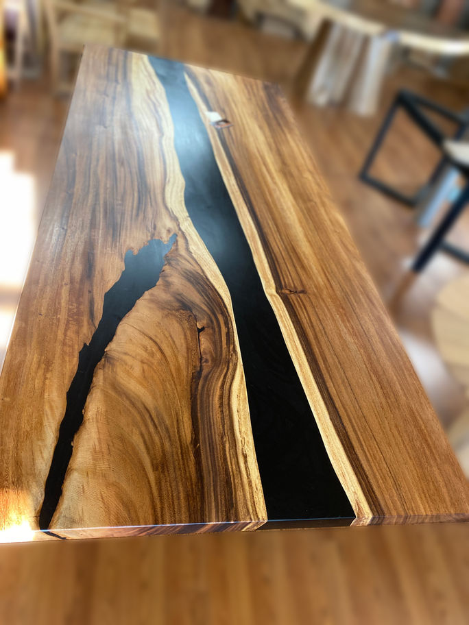 Wooden table with black epoxy river, Rustic Teak Base T2193, unique design and texture.