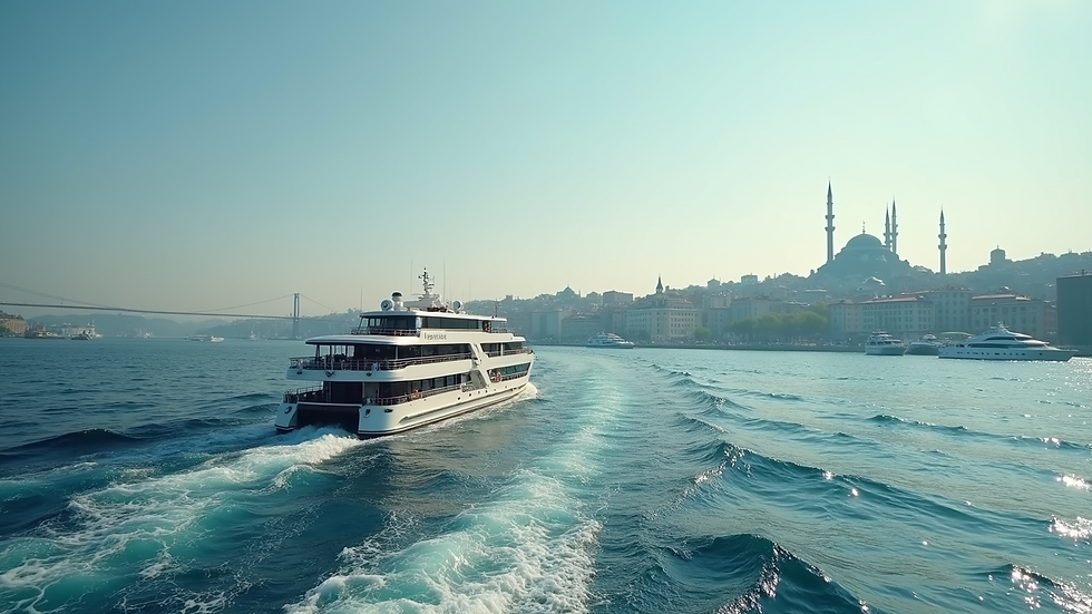 Wide angle view of a Bosphorus cruise boat sailing near Istanbul’s skyline