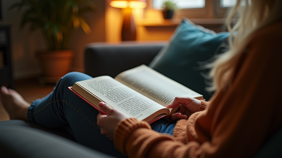Eye-level view of a person reading a book in a cozy setting