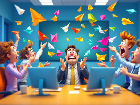 A cartoon of a work team around a table, frightened of all of the paper airplanes flying around them
