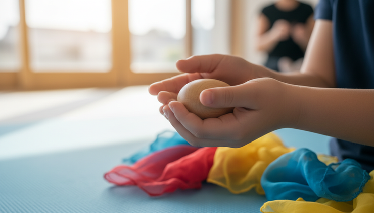 Close-up view of small hands holding a rhythm instrument during a music lesson