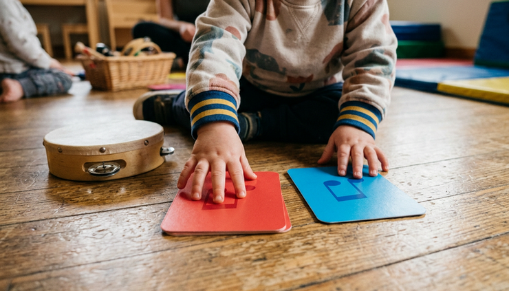 斜め上から見た赤と青のカードを選ぶ幼児の手