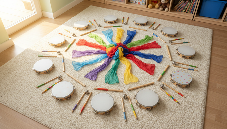 Overhead view of scarves and small percussion instruments placed on a soft classroom floor