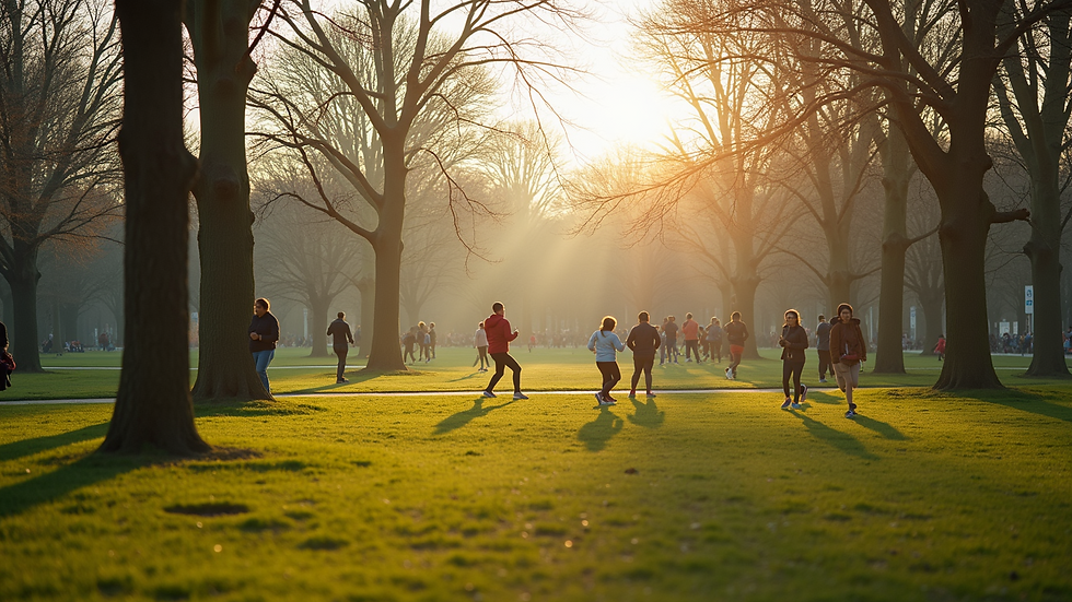 Wide angle view of a park filled with people exercising