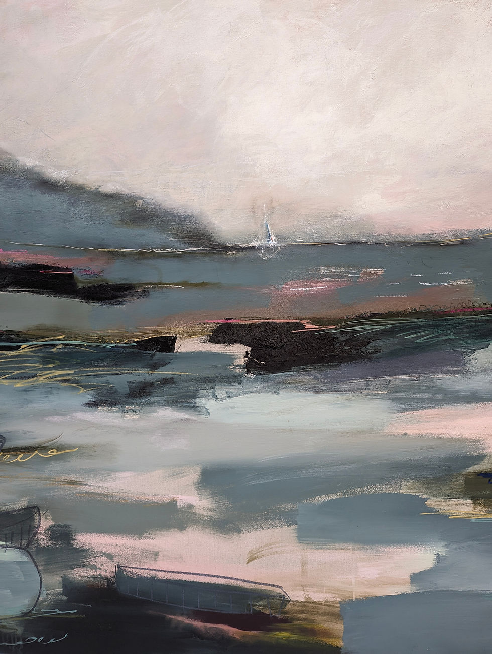 Boatends by Angela Murray, a 160x140 cm acrylic and soft pastel painting of dynamic boats.