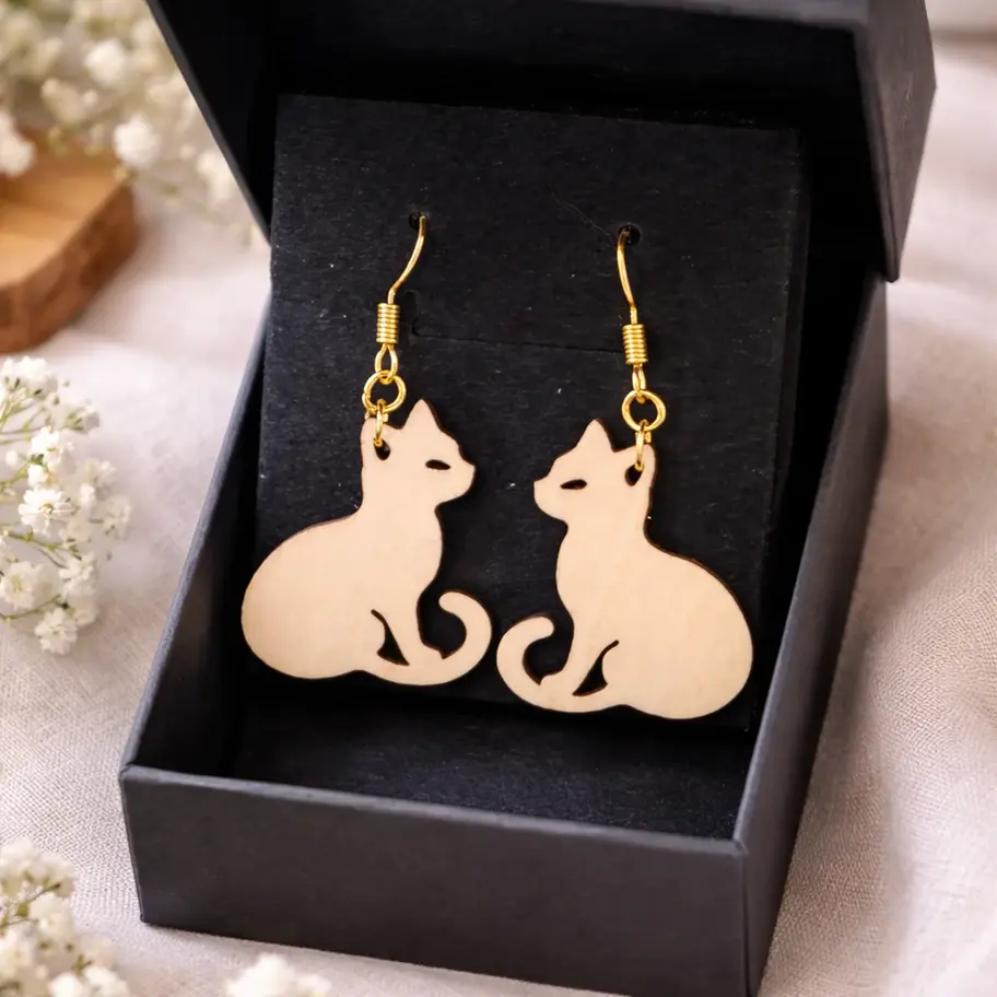 Boucles d'oreilles pendantes dorées en forme de chats beiges dans boîte.