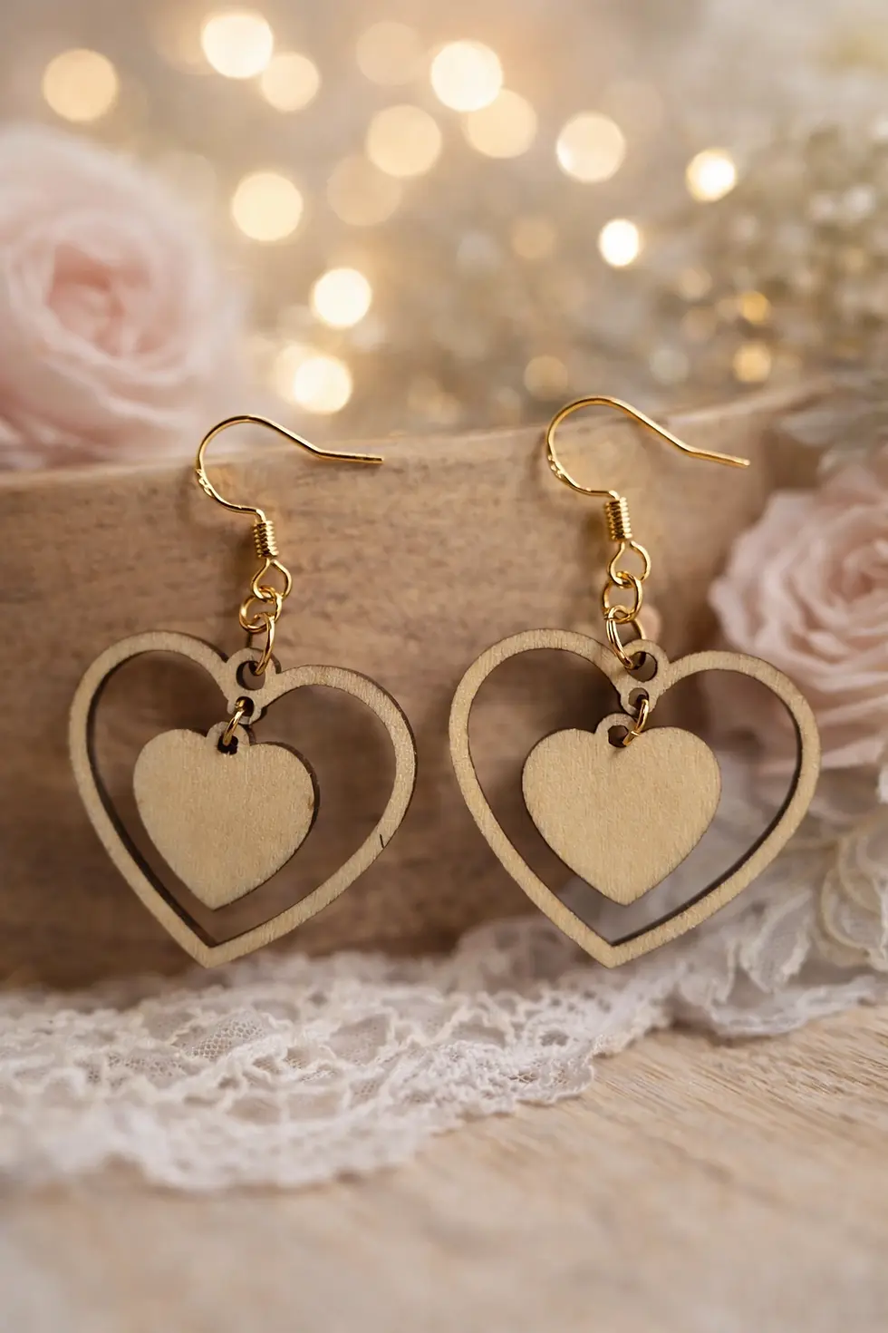 Paire de boucles d'oreilles en bois, cœurs imbriqués, crochets dorés, fond flou.