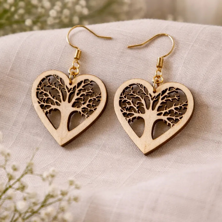 Boucles d'oreilles cœur en bois, motif arbre de vie, fleurs et chandelle.