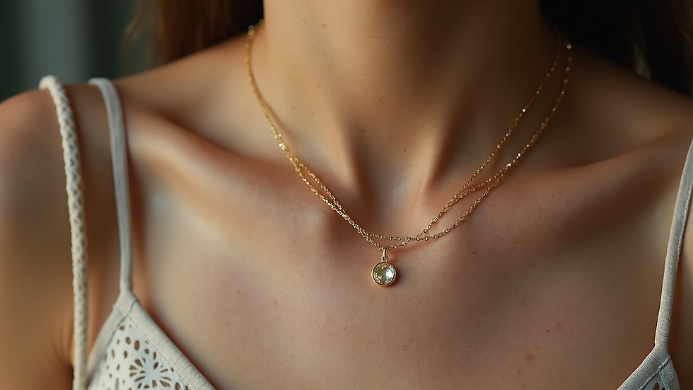 Close-up view of a delicate gold chain necklace with a small round pendant
