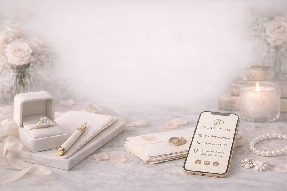 Bague de fiançailles, téléphone affichant Signature & Co., bougie, perles, ambiance mariage.