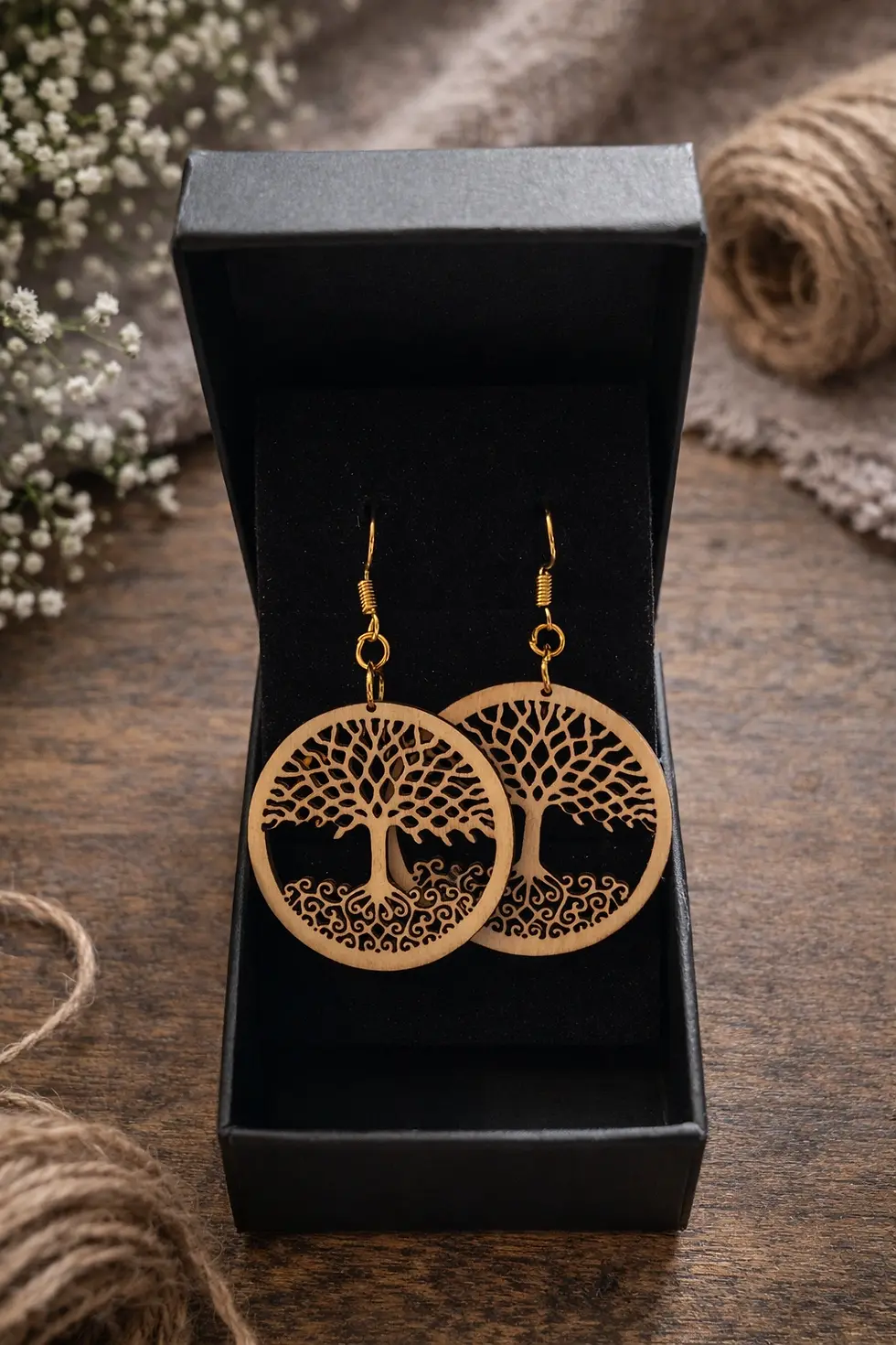 Boucles d'oreilles arbre de vie en bois, présentées dans une boîte cadeau noire.